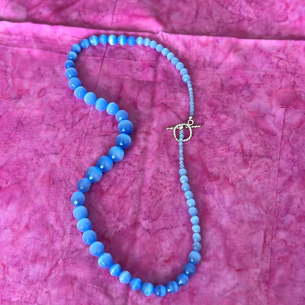 Handmade blue glass bead necklace with Sterling Silver Toggle clasp.